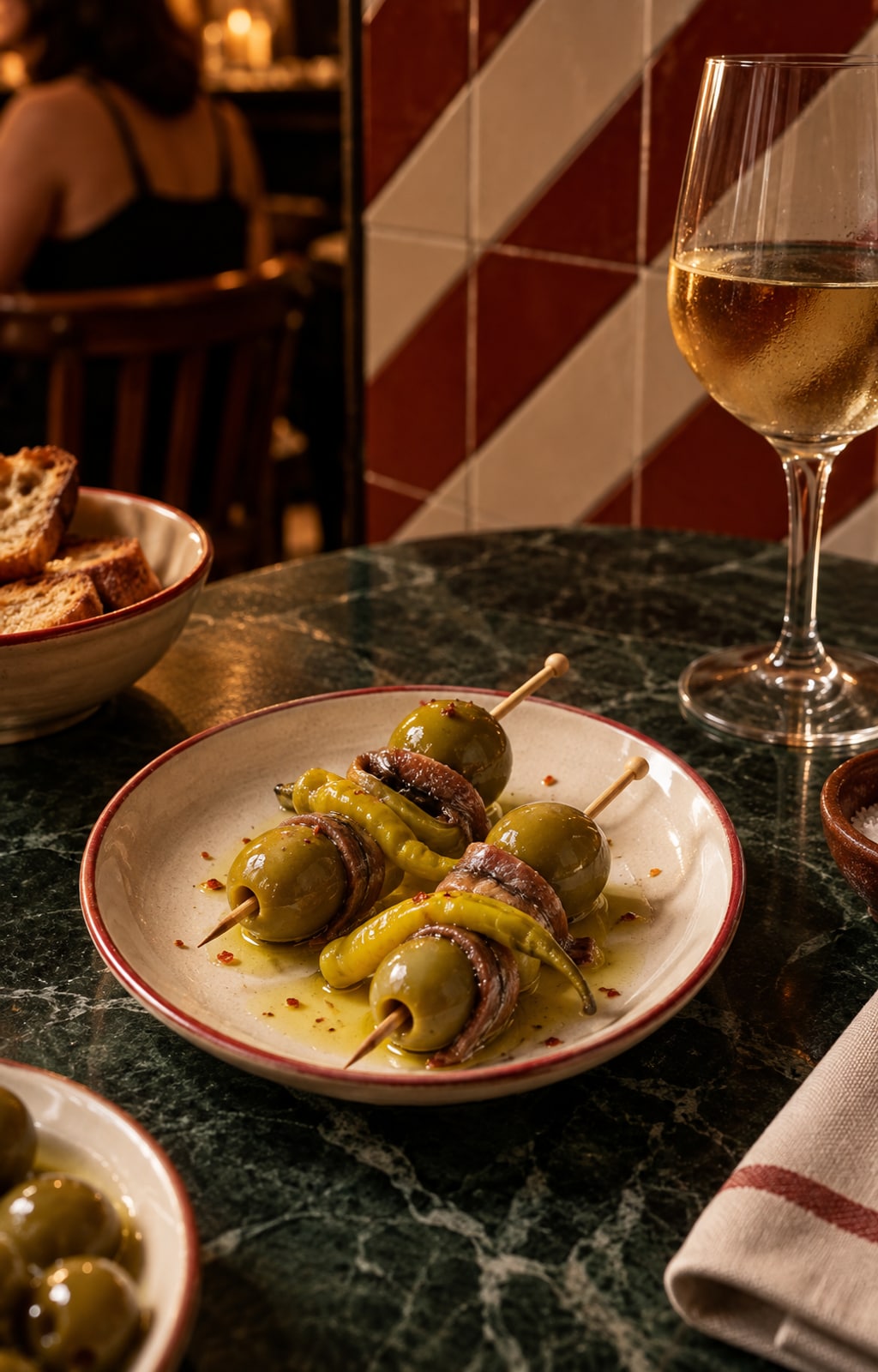 A gilda on a stick: olive, anchovy and pepper