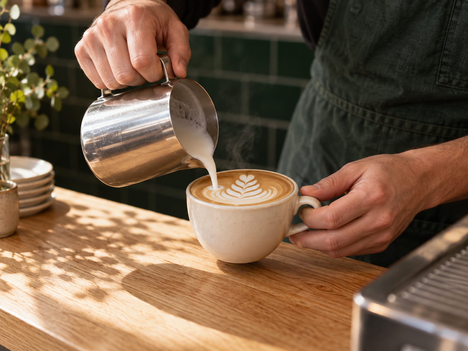 Our barista pouring latte art at the counter