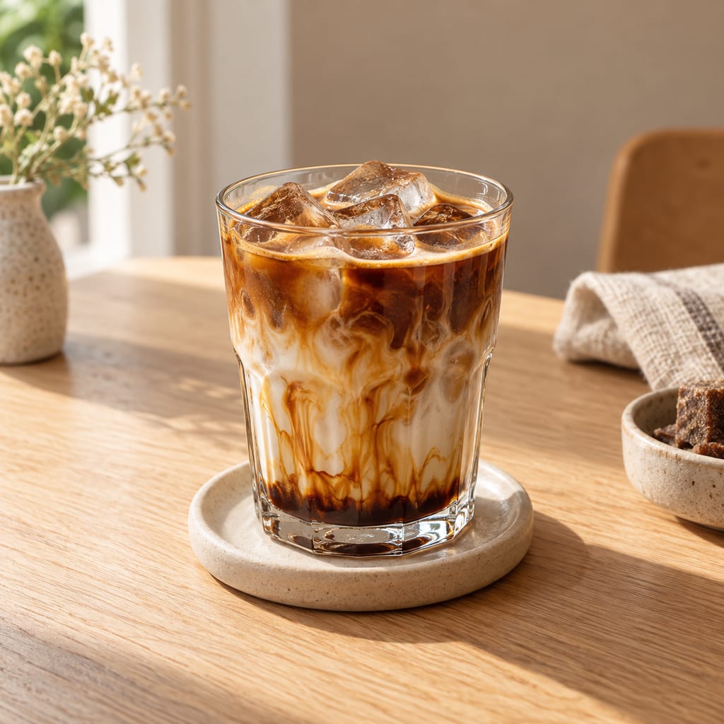 The Iced Gula Melaka Latte: espresso, milk and our own palm sugar syrup over ice